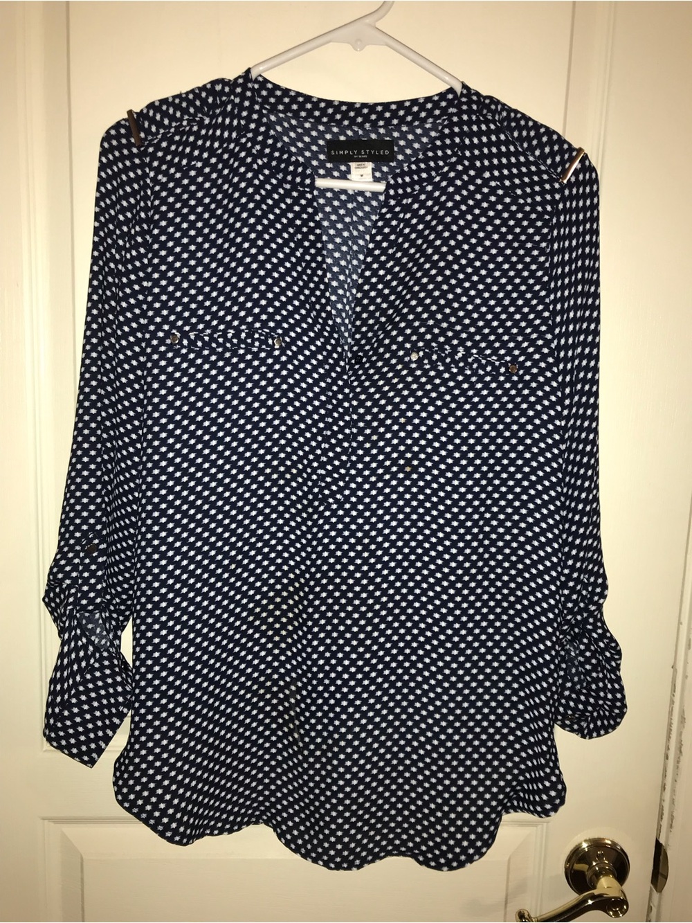 Simply Styled Navy and White Dot Button-Front Blouse